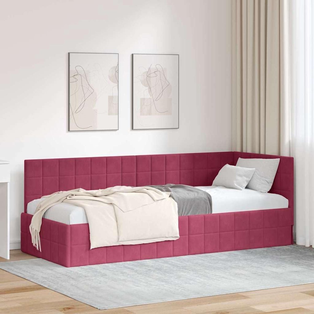 Vormig fluwelen hoekbedframe modern design 80x200 cm wijnrood