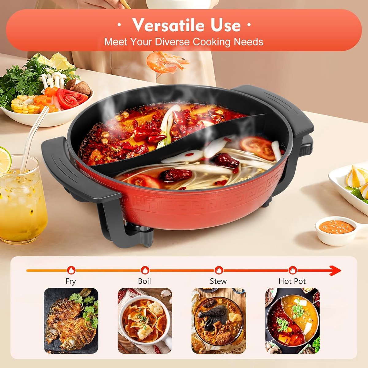 Pan met dubbele smaak 6 l 1360 W grote inhoud huishoudelijke multifunctionele hotpot dubbel kookgerei voor koken met dubbele bouillon rode hotpot (zwart