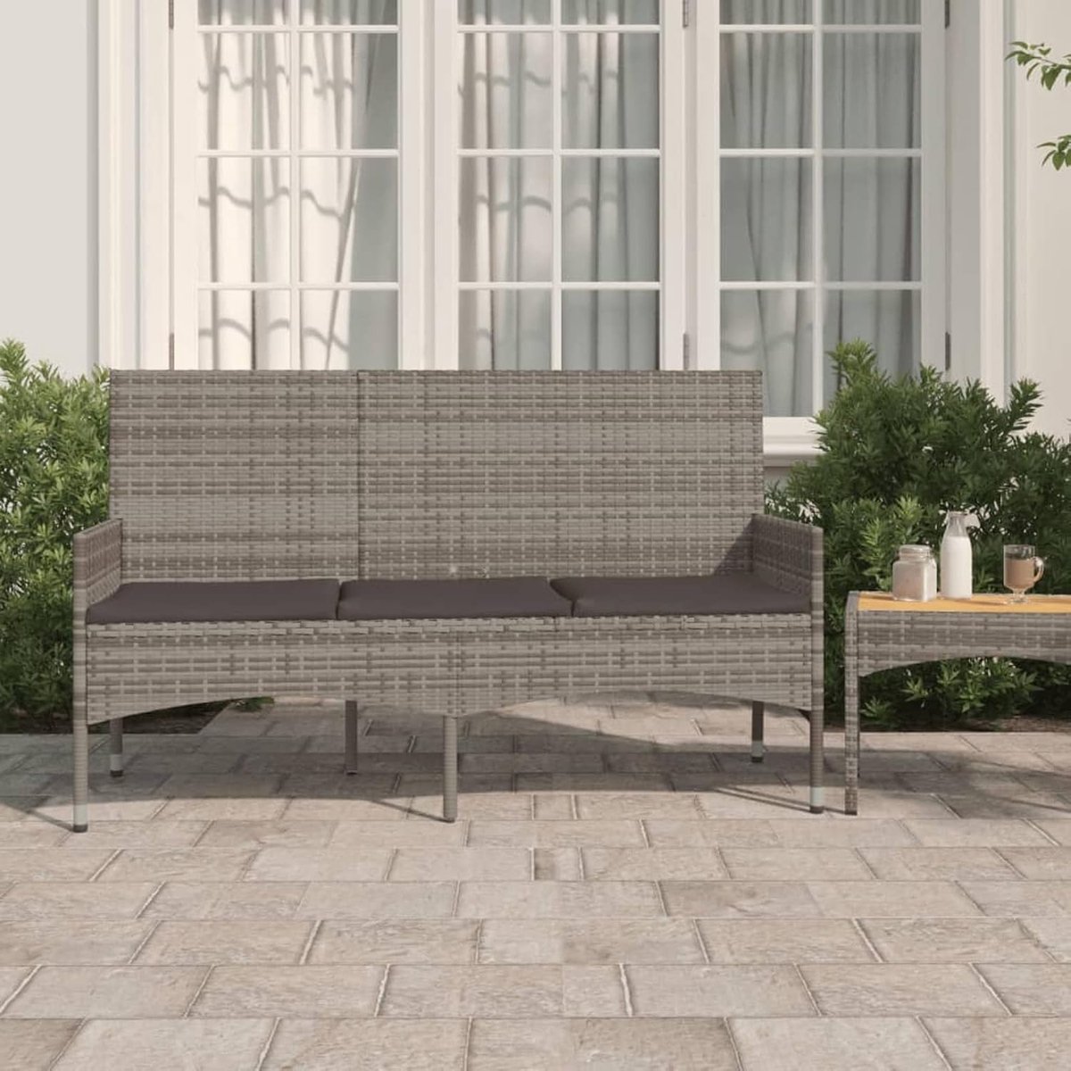 Tuinbank met 3 zitplaatsen, met kussens, grijs, gevlochten hars, tuinbank, verandastoel, voor terras, balkon, buiten en camping