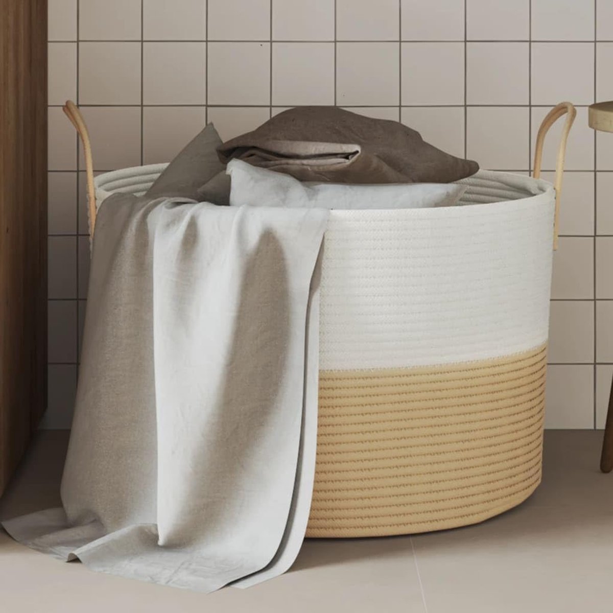 Katoen/polyester - beige/wit Ø51x33 cm