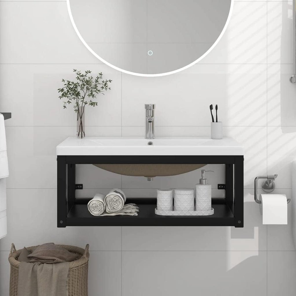 Wandwastafelframe met inbouwwastafel, zwart, ijzer, keramiek, wastafelset, 4 stuks, modern design voor badkamer, wasruimte