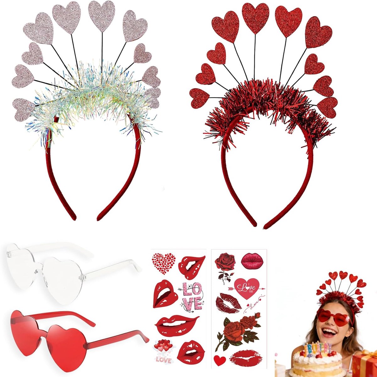 feestaccessoires hartvormige bril en hoofdband set 6-delig rood zilver uniseks verkleedset voor carnaval valentijnsdag themafeest