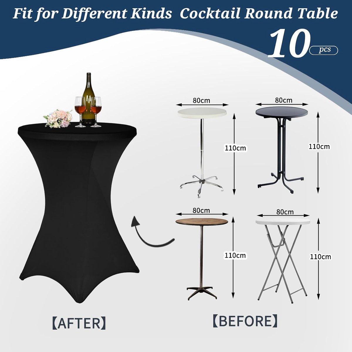 Set van 10 zwarte stretch Statafelhoes voor bistrotafel Ø80-85 cm Spandex stretch tafelkleed, versteviging in het voetgedeelte voor bruiloften, banketbartafels en bistrotafels (80 x 110 cm)