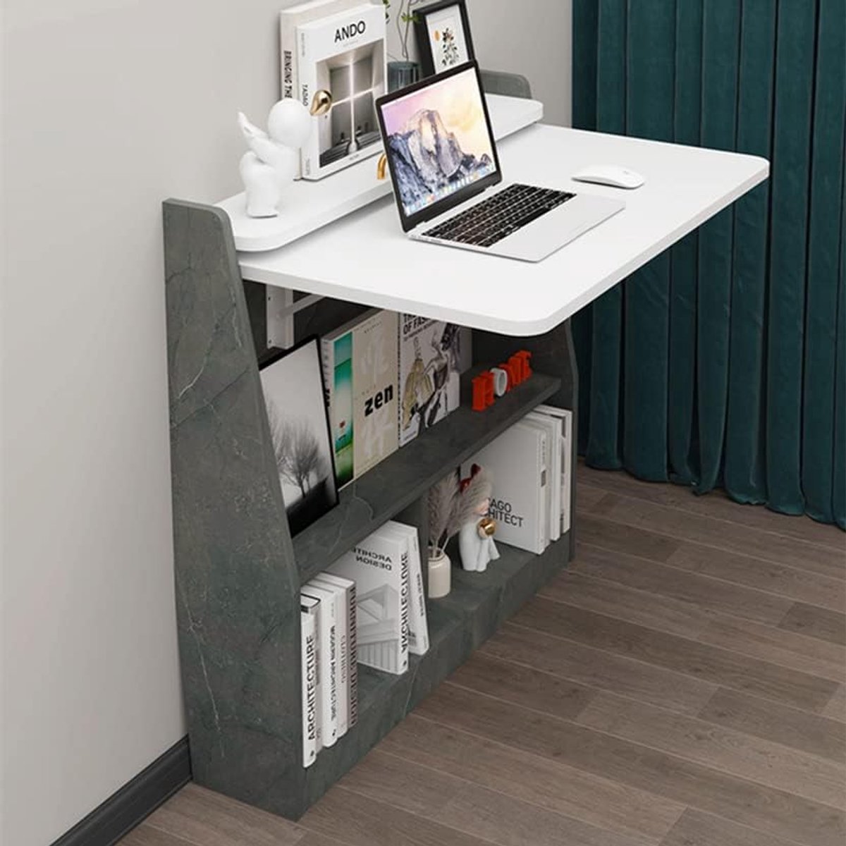 Multifunctioneel wandbureau, laptop van hout met opbergplanken, werkstation thuis (wit-grijs)