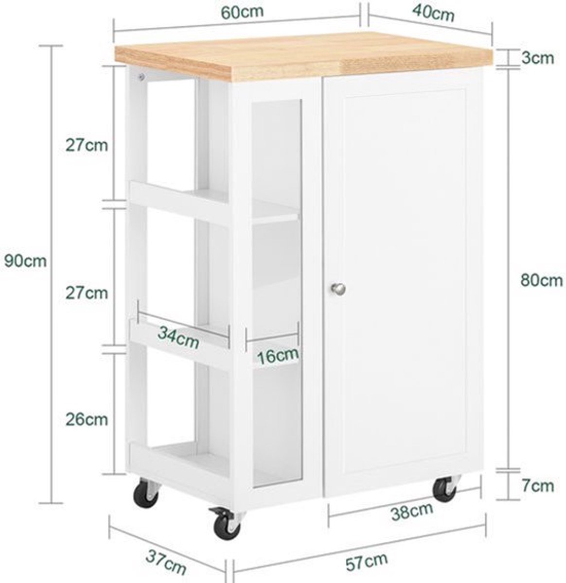 Keukenwagen Mat Zwart - Houten Frame - Compacte Rolkar Met Wielen - Opbergrek Voor Keuken En Woonkamer