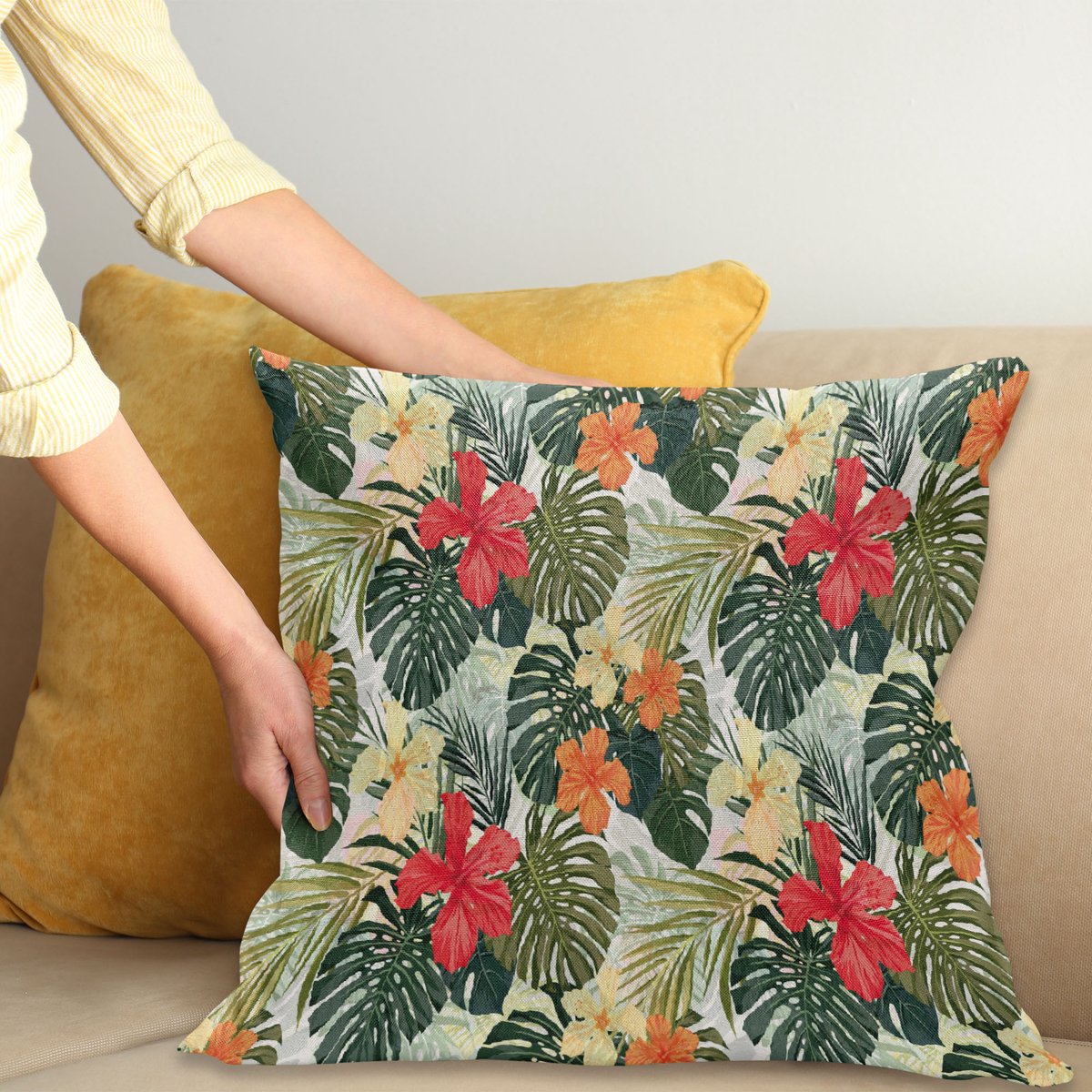 ABAKUHAUS Blad Sierkussenhoes, Hawaiian Zomer Tropisch Eiland Vegetation Bladeren met Hibiscus Bloemen, Decoratieve Vierkante Sierkussenhoes, 50 x 50 cm, Oranje Geel