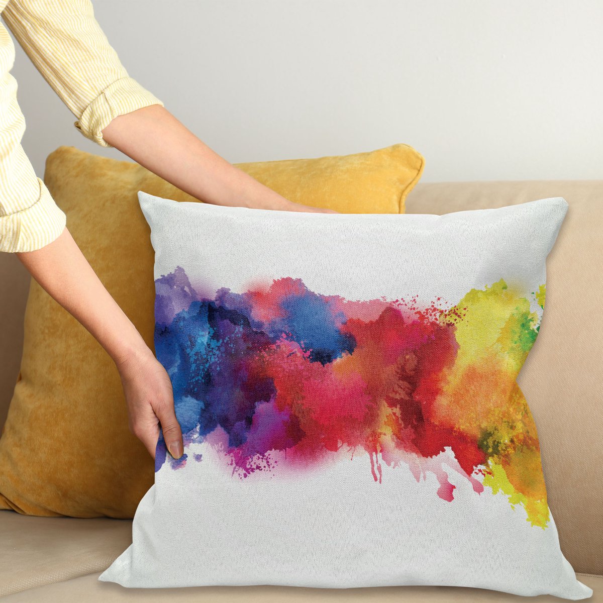 ABAKUHAUS Abstract Sierkussenhoes, Levendig Stains van Aquarel Paint Splatters Penseelstreken Dripping Liquid Kunst, Decoratieve Vierkante Sierkussenhoes, 45 x 45 cm, Geel Blauw
