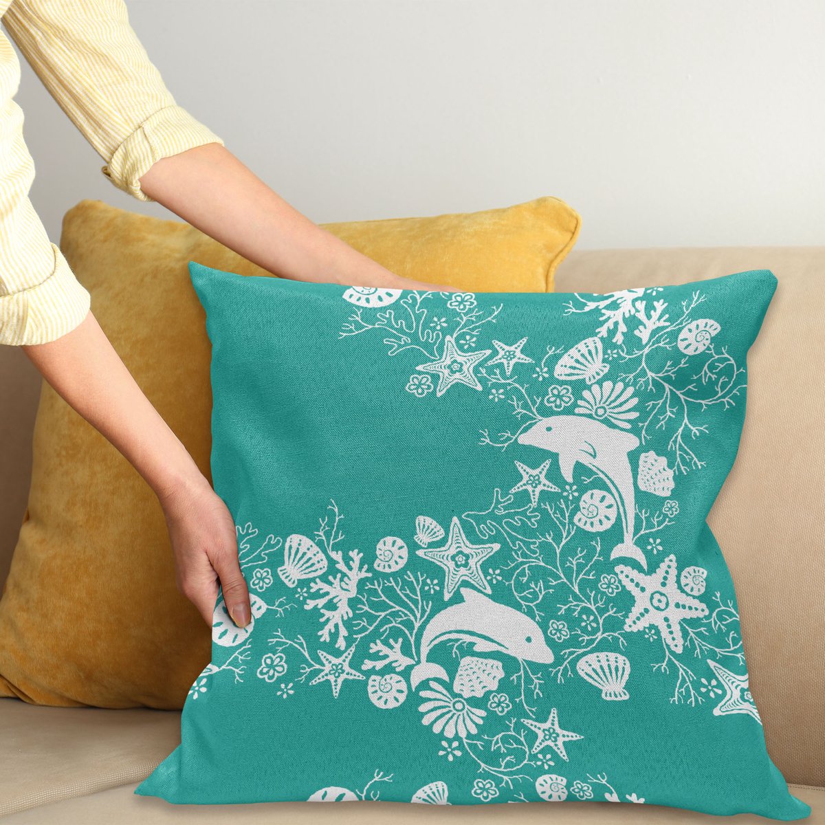 ABAKUHAUS Zee Dieren Sierkussenhoes, Dolphins Bloemen Zee Bloemen Patroon Starfish Koraal Schelp Compositie, Decoratieve Vierkante Sierkussenhoes, 65 x 65 cm, Zeegroen