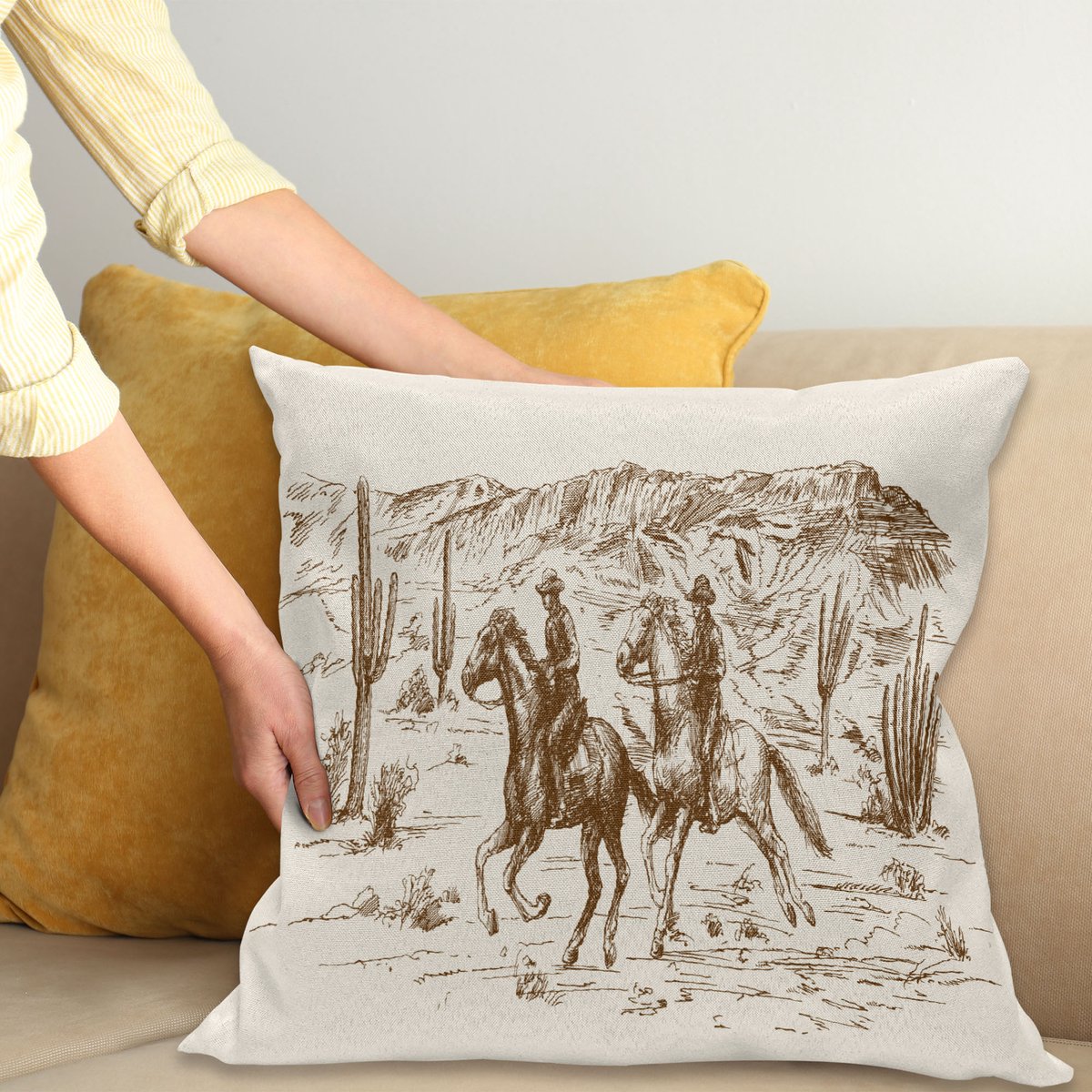 ABAKUHAUS Western Sierkussenhoes, Landelijk Thema Hand Getekend Illustratie van Amerikaans Wild West Desert met Cowboys, Decoratieve Vierkante Sierkussenhoes, 70 x 70 cm, Umber Crème