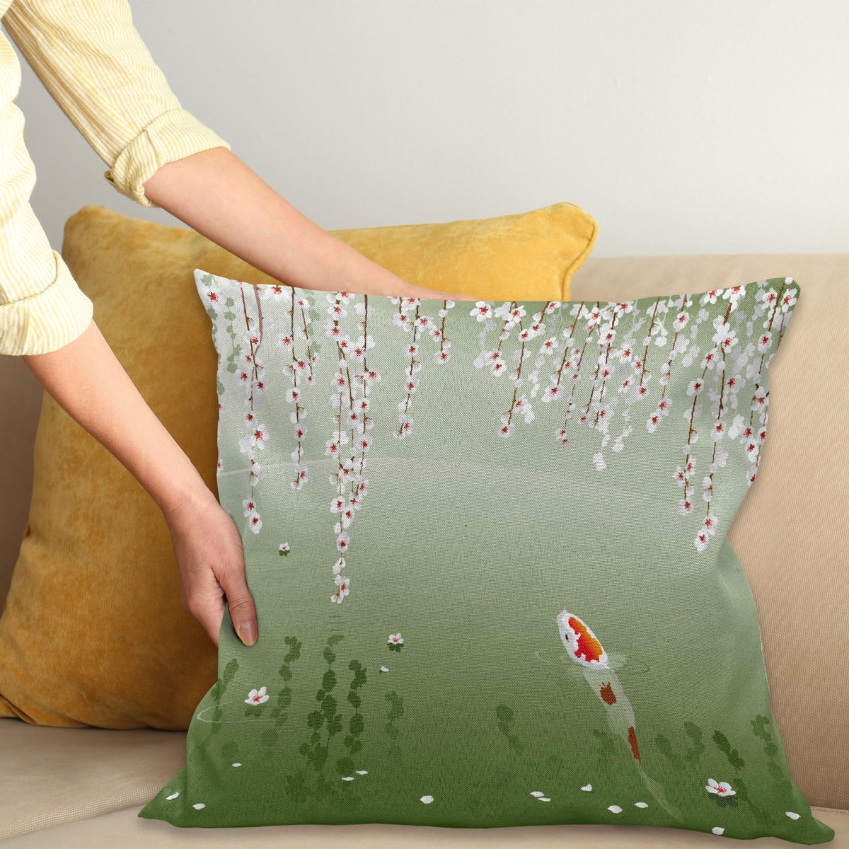 ABAKUHAUS Koi Vis Sierkussenhoes, Japans Koi Vis Painting Stijl Hanging Kersen Bloemen Floating Bladeren, Decoratieve Vierkante Sierkussenhoes, 60 x 60 cm, Oranje Wit