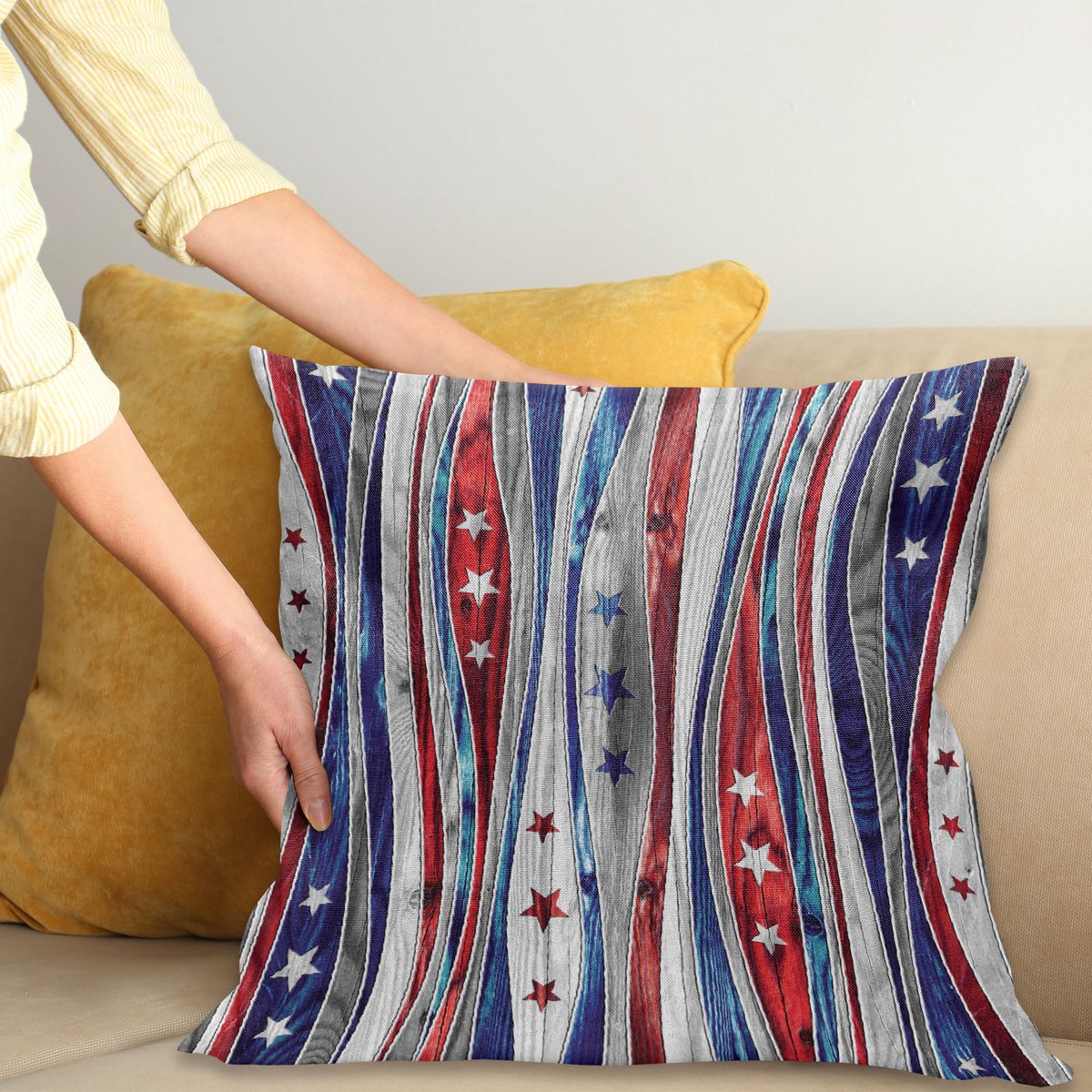 ABAKUHAUS Rustiek Sierkussenhoes, Digital Amerikaans Vlag Gekleurd Hout Strepen met Ornate Ster Loyalty Afbeelding, Decoratieve Vierkante Sierkussenhoes, 45 x 45 cm, Rood Blauw