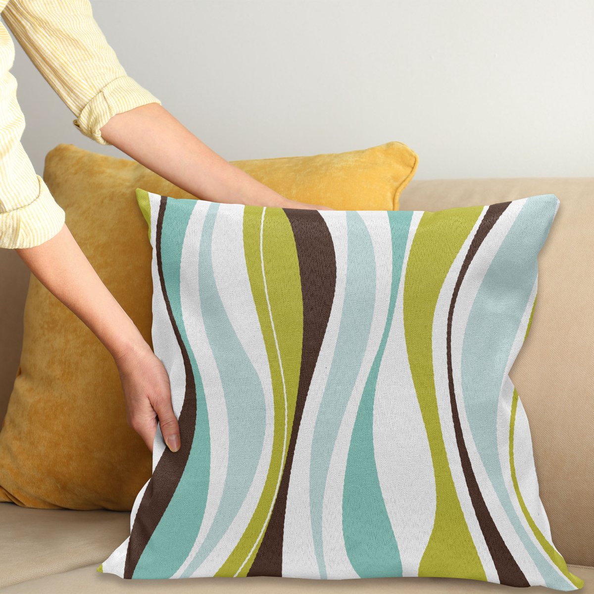 ABAKUHAUS Vintage Sierkussenhoes, Abstract Horizontal Levendig Shape met Kleurrijk Ontwerp Illustratie, Decoratieve Vierkante Sierkussenhoes, 45 x 45 cm, Apple Groen