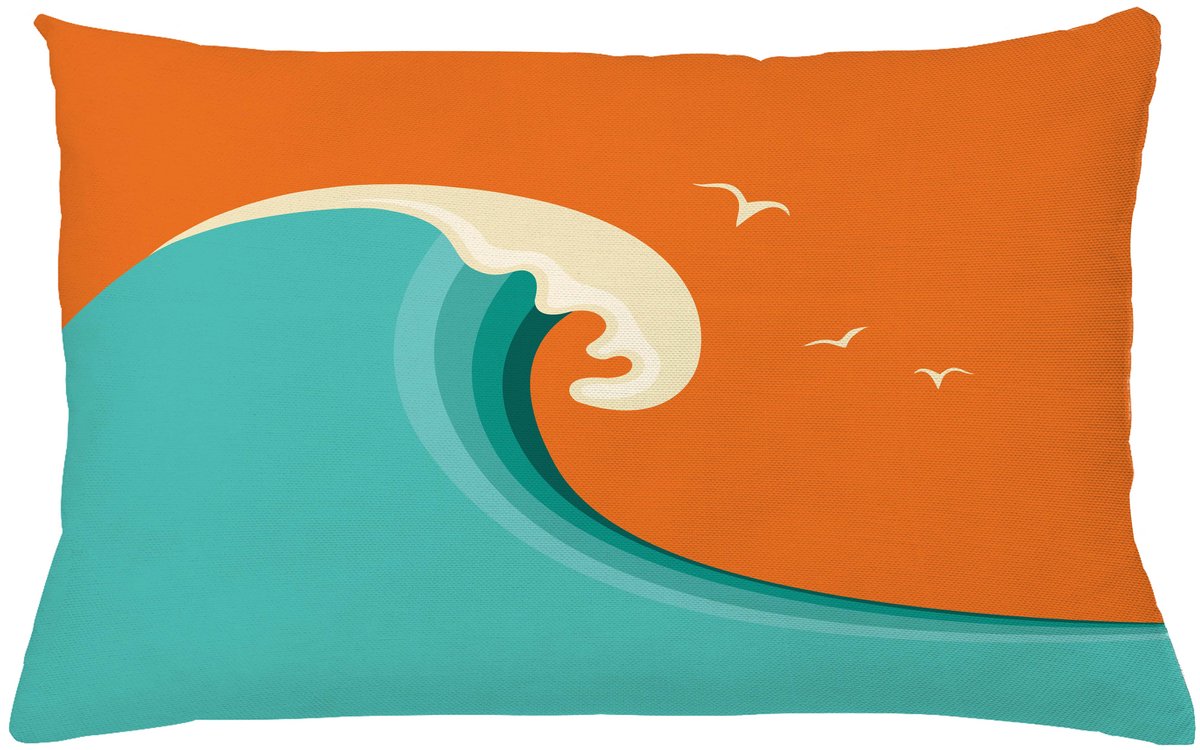 ABAKUHAUS Surf Sierkussenhoes, Giant Wave met Seagull Silhouetten op een Warm Gekleurd Achtergrond Cartoon, Decoratieve Rechthoekige Sierkussenhoes, 65 x 40 cm, Turquoise Oranje
