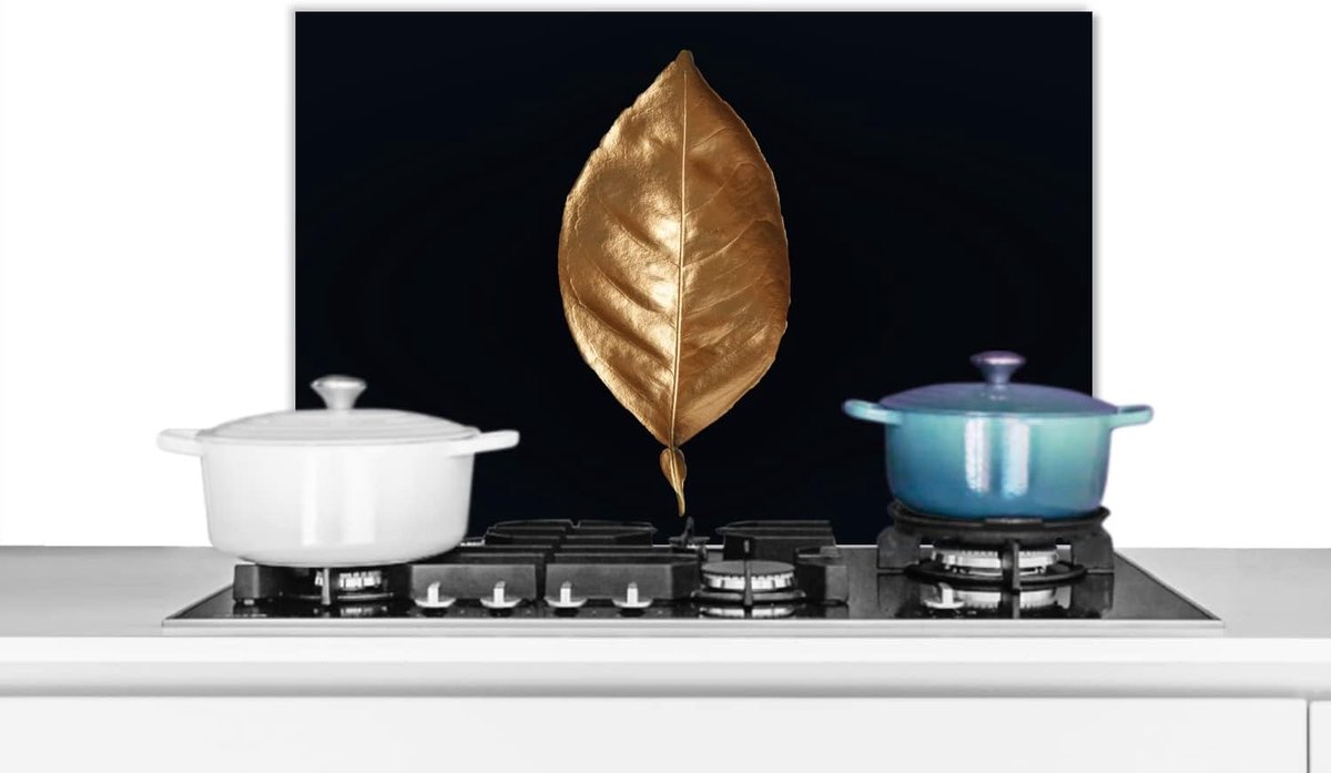 Spatscherm Keuken - 70x50 cm - Bladeren - Chic - Goud - Planten - Zwart