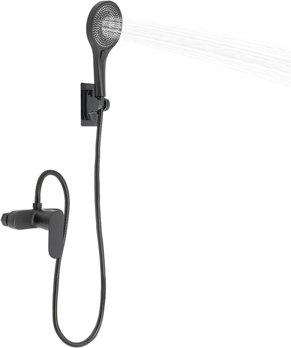 Zwart, thermostaat, doucheset, retro ronde douchezuil, douchearmatuur, set met handdouche, waterval, thermostaat, doucheset voor badkuip