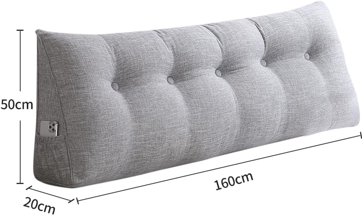 Wigvormig kussen, groot rugkussen, bankkussen, comfortabel leeskussen voor bed en bank, 2-in-1 rugleuning en hoofdkussen (160 x 50 x 20 cm, lichtgrijs)