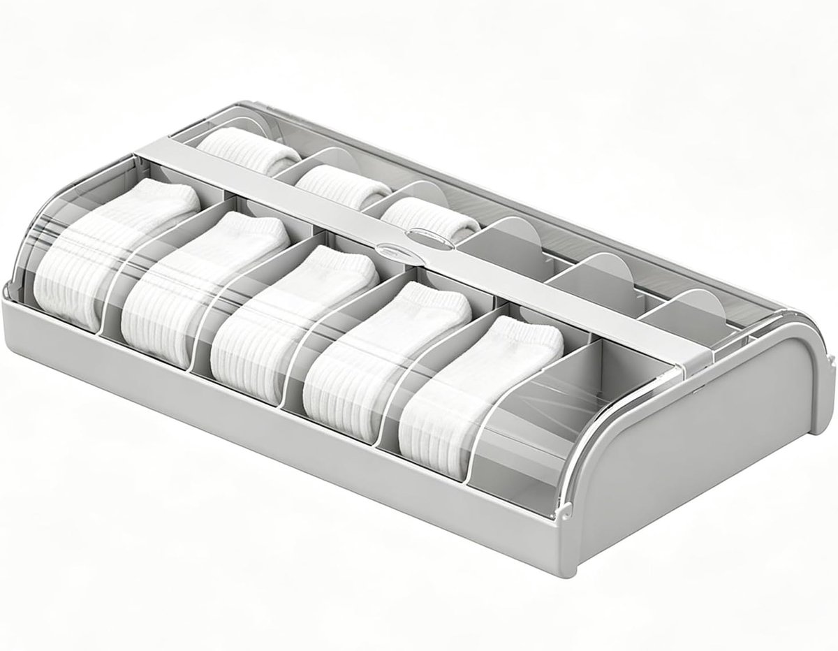 Sokken-organizer met 12 vakken, sokkenopslag met transparant deksel, lade-organizer voor slaapkamer en kleedkamer voor het opbergen van ondergoed en stropdassen, grijs
