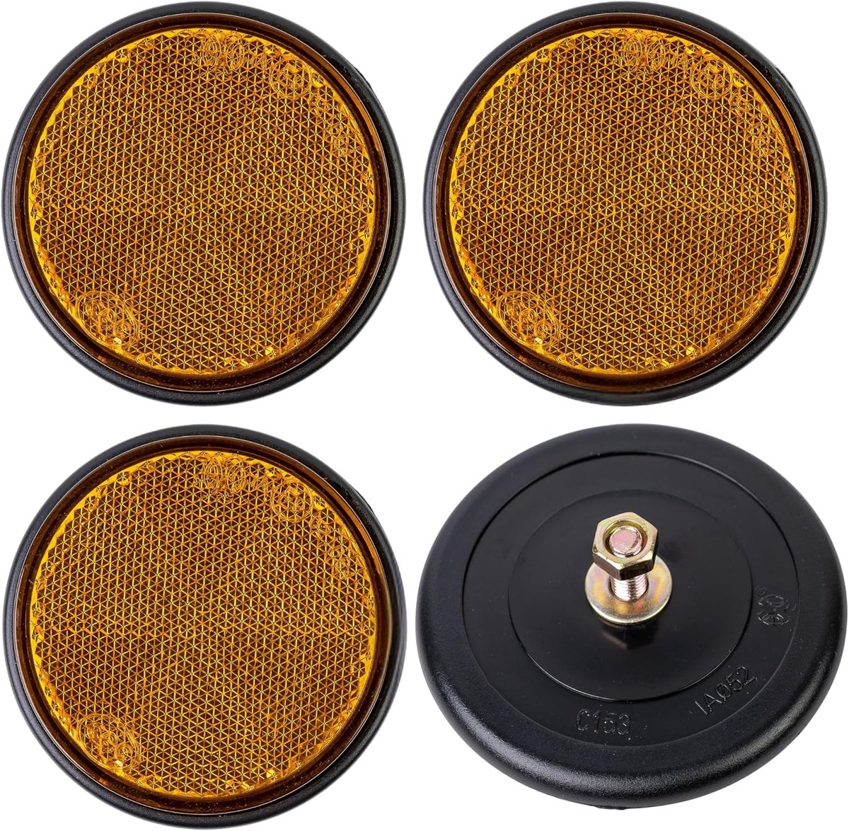 Reflectoren om op te schroeven, 4 st., oranje met zwarte rand, Ø 59 mm diameter, met E-markering, incl. schroefdraad + moeren, veiligheidsreflector aanhanger, caravan, kattenoog rechts links