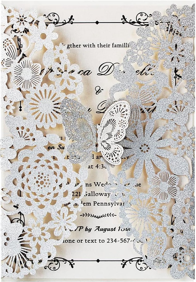 20 x zilver glitter lasergesneden kant flora bruiloft uitnodigingskaarten met vlinder en enveloppen voor verjaardag bruidsshower verloving verjaardag huwelijksuitnodigingen (20 stuks)