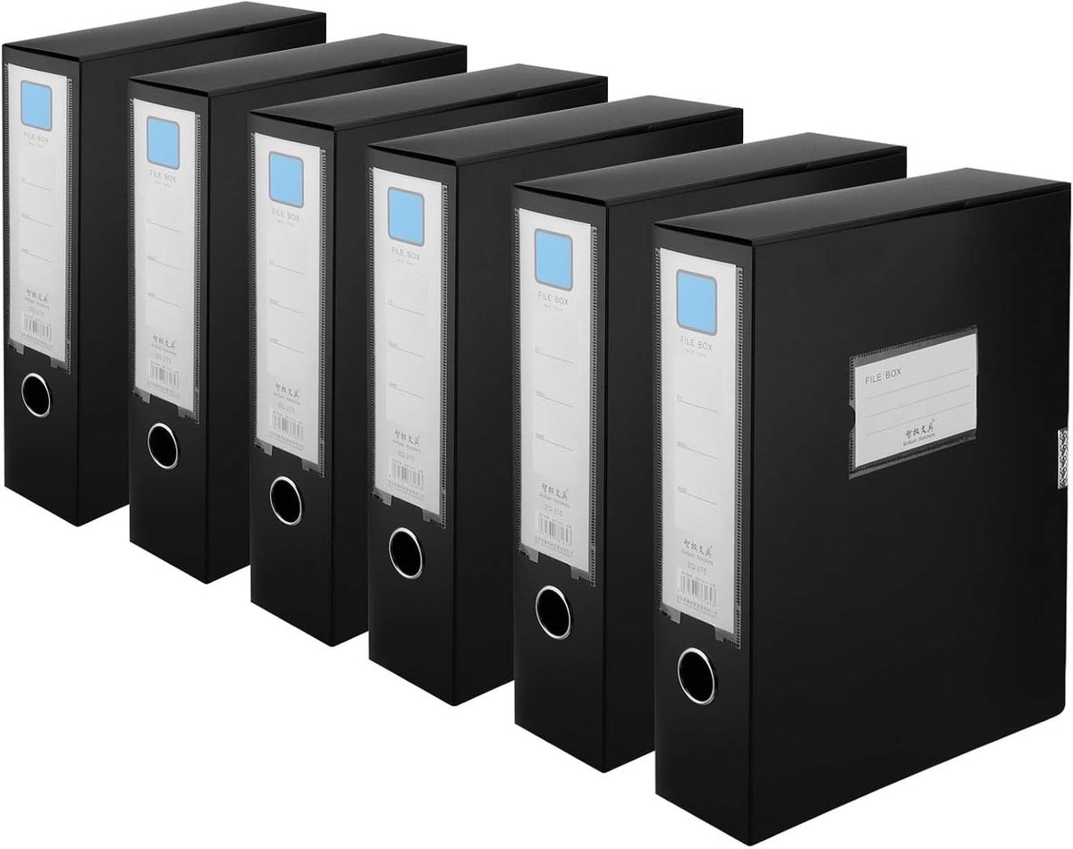 6 Pack A4 Box Files - Vouwbare Foolscap Mappen, Zwarte Plastic Opbergdozen, 700 Vellen Capaciteit, Documenten Organiseren, Duurzaam en Ruimtebesparend