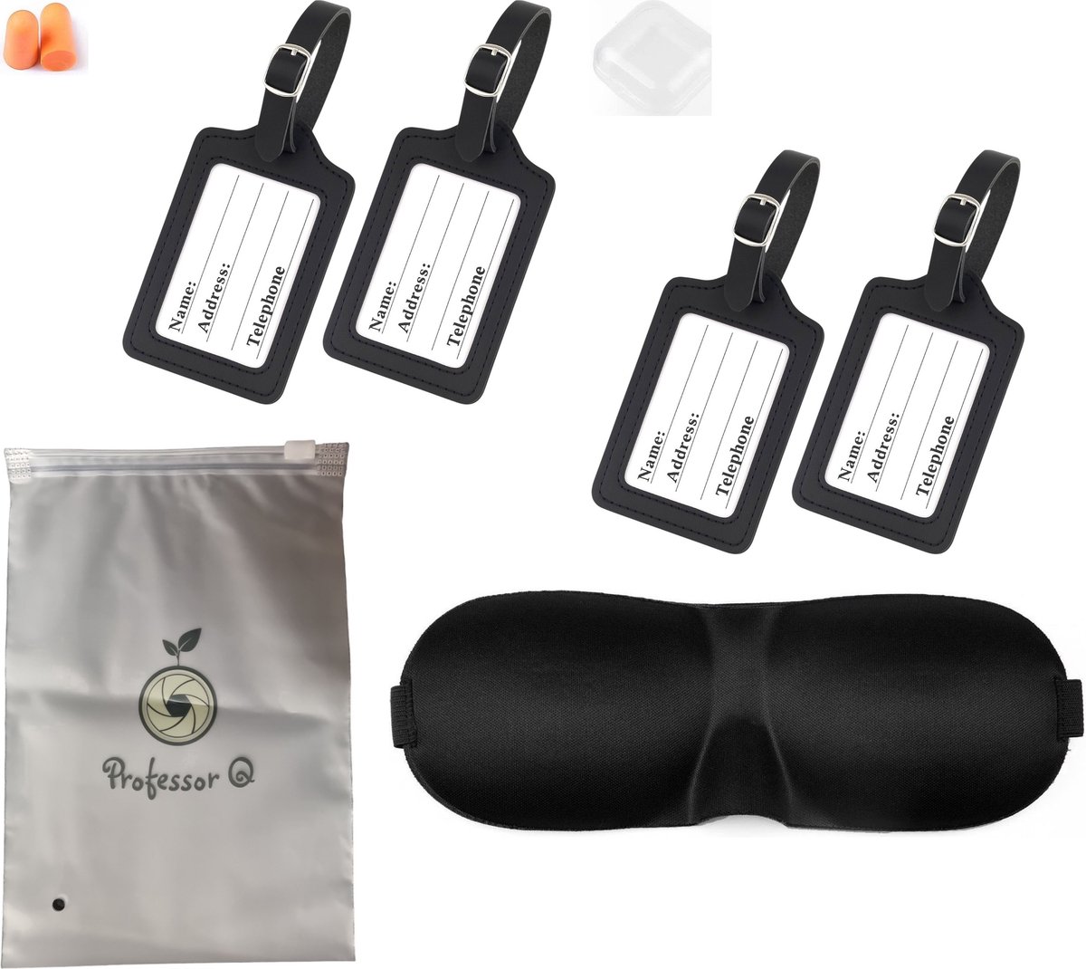 Professor Q Reisset - 4 PU-Kofferlabels Zwart - Slaapmasker Zwart