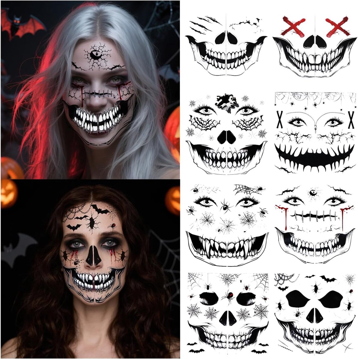 8 vellen Halloween-tatoeages, voor dames en heren, gezichtstattoo, littekens, wonden, vleermuisstickers, tijdelijke tatoeages, accessoires voor vampier, zombie, duivel, heks en cosplay