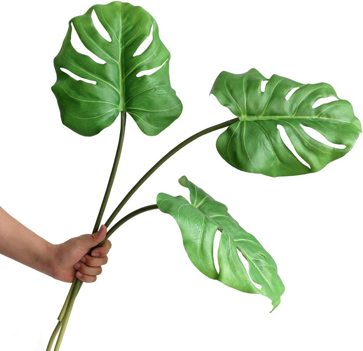 Kunstmatige Monstera bladeren tropische palmplanten bladeren groot met lange steel voor vaas thuis bruiloft decoraties, 30 inch, 3 stuks