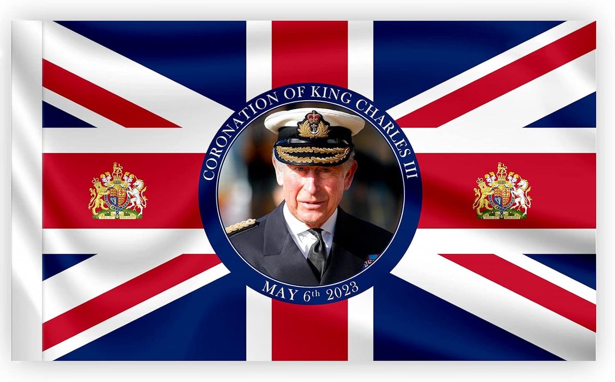 3x2FT Union Jack Vlag Nieuwe Koning Charles III Potrait Britse Monarch Soevereine Kroning Viering Groot-Brittannië Vlag Tuin Straat Pub Outdoor Decoraties