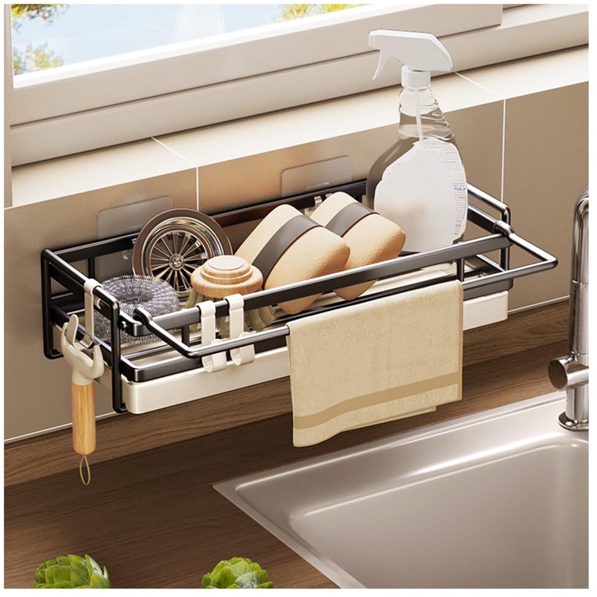 Famanu – Wandgemonteerde gootsteen Caddy, afwasorganizer met druppelbak, verwijderbare gootsteenorganisator, zonder boren, sponsborstel, doek organizer met haak