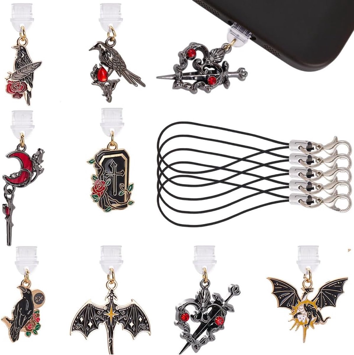 16 stuks hanger lanyard set in gothic stijl met stofplug hart zwaard en rode maan. Compatibel met e-readers en smartphones met USB C oplaadpoort. Cadeau voor boekenliefhebbers
