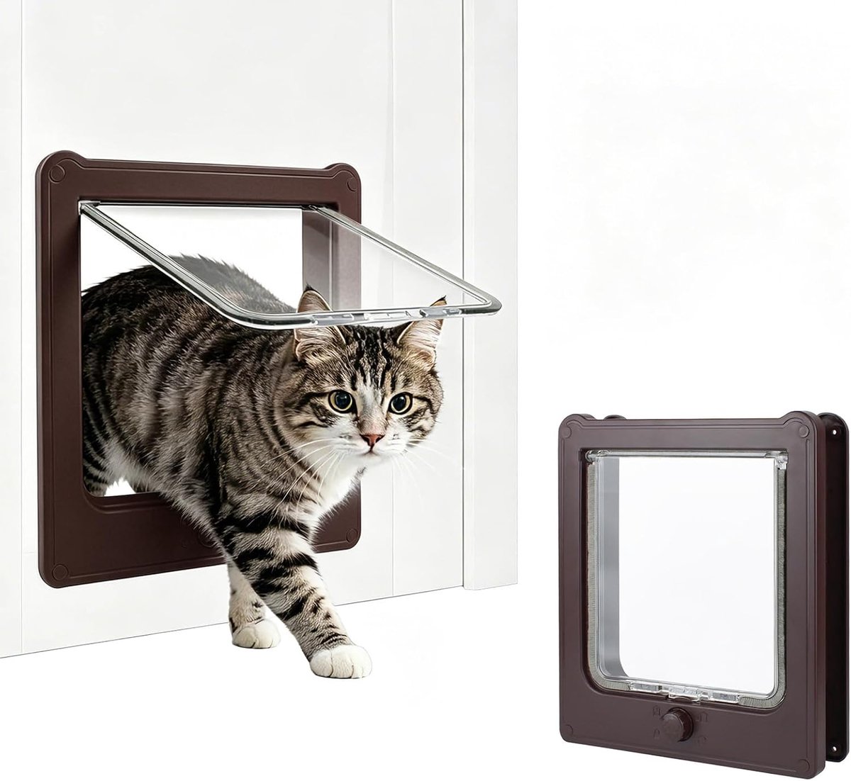 4-weg kattenklep, klassieke kattendeur, stille huisdierdeur met magneet, winddicht en regendicht, geschikt voor katten en puppy's (bruin)