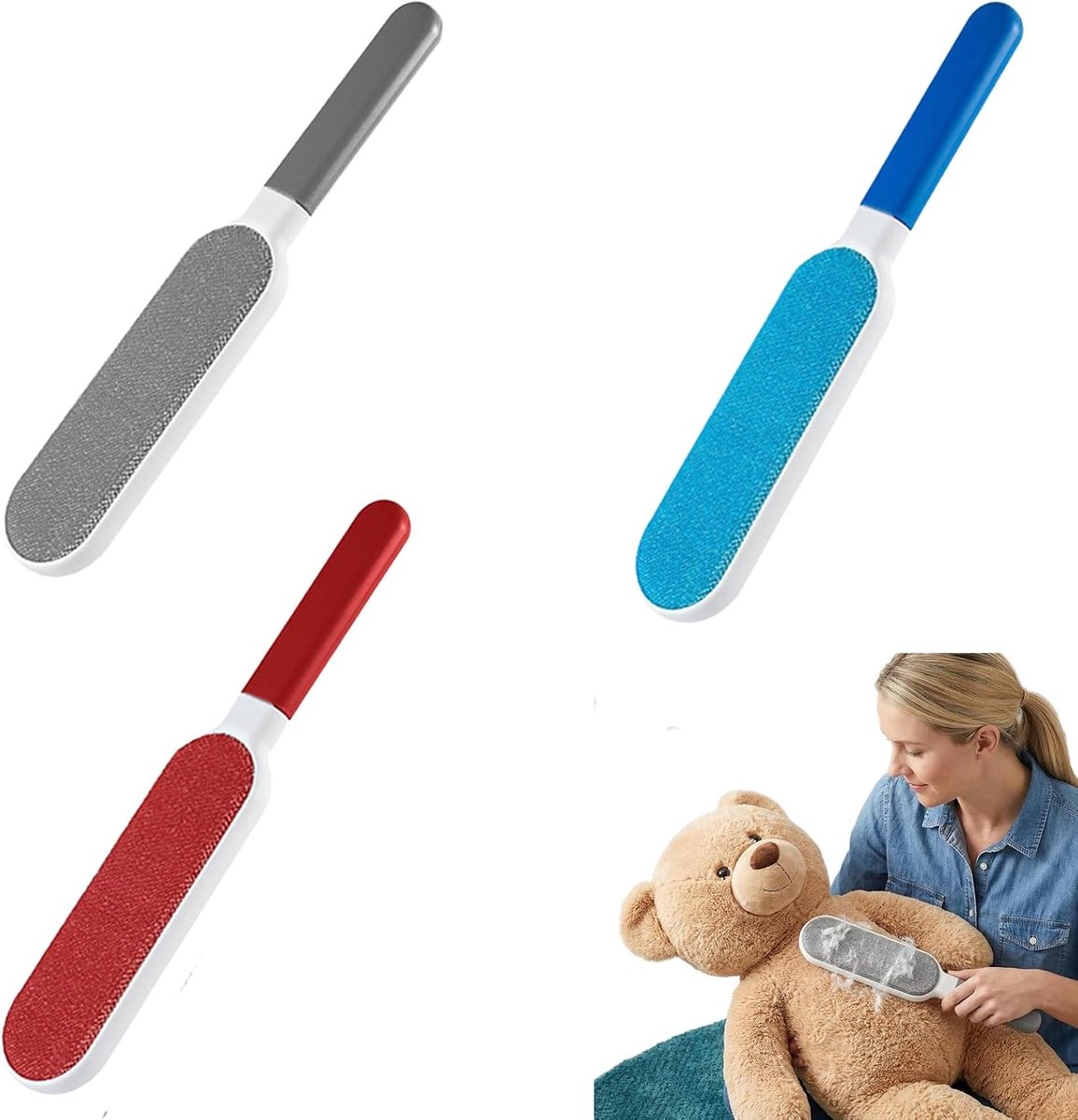 tegen dierenharen en handscheermes, 3 stuks (grijs, rood, blauw), effectieve kledingborstel voor bank, tapijten, jassen en textiel, herbruikbaar en draagbaar