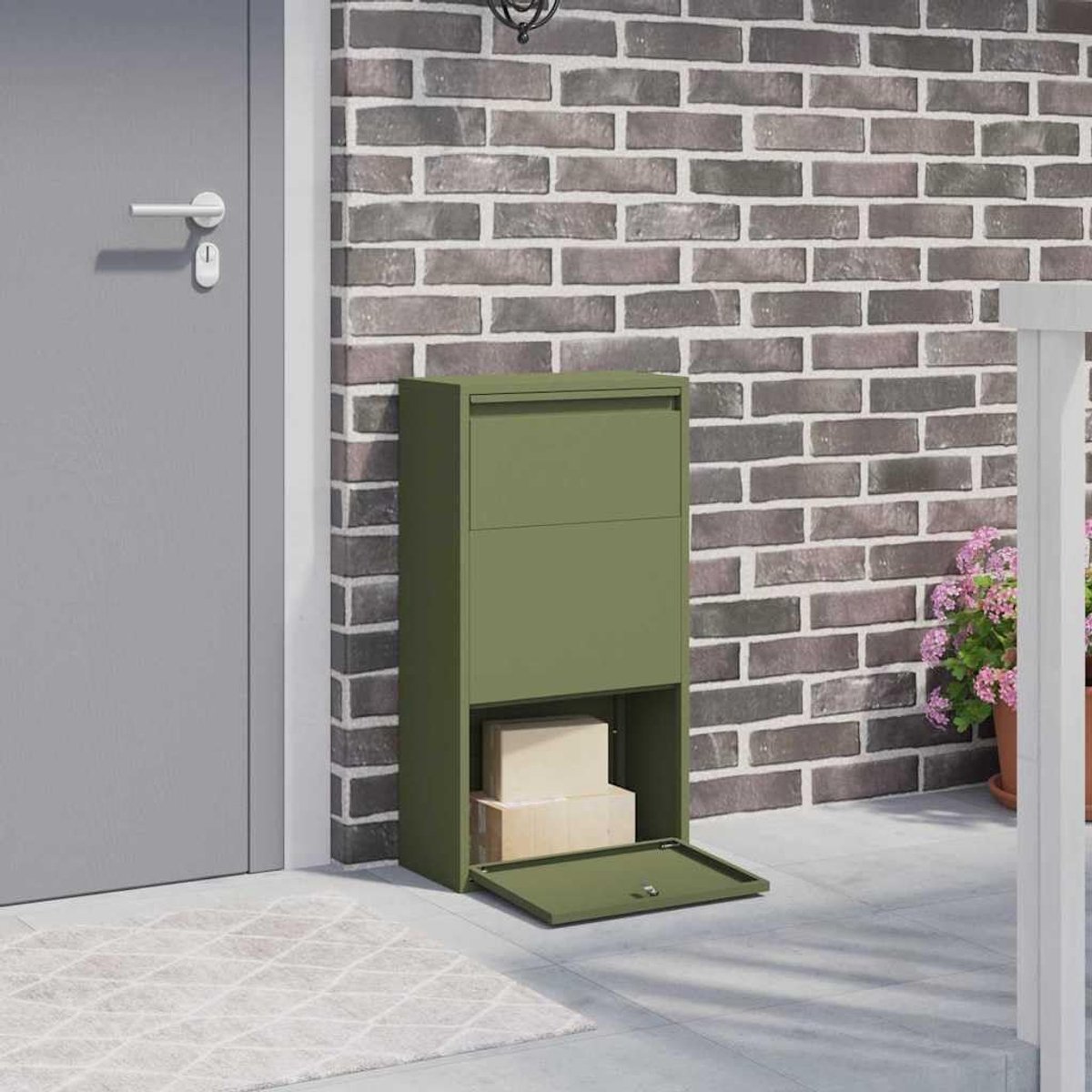 Pakketbrievenbus voor buiten, 44 x 22 x 82 cm, afsluitbaar, van staal, olijfgroen, voor tuin, terras