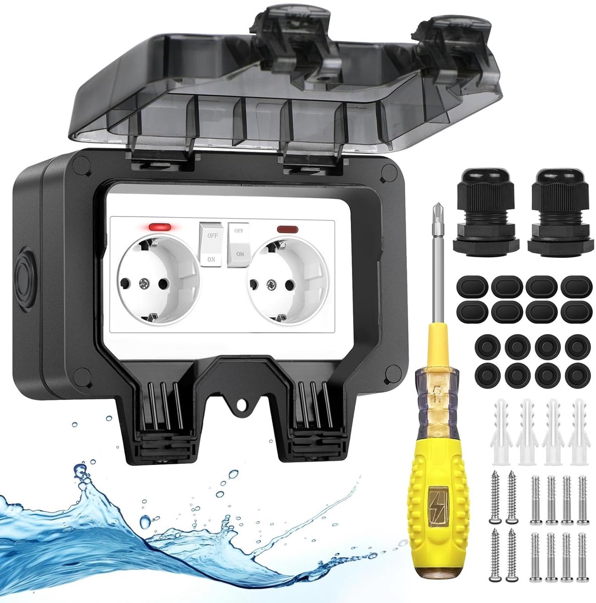 2024 Waterdicht buitenstopcontact met schakelaar en controlelampje, IP66, buitenstopcontact, opbouwstopcontact voor tuin en buiten, met afsluitbare klapafdekking, dubbel stopcontact, wandcontactdoos