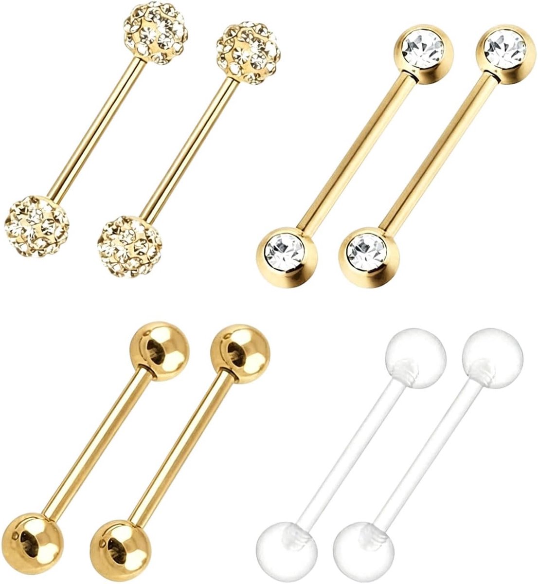 Zungenpiercing Barbell Set 4 Paar 16mm Zungenpiercings Nippelpiercing Brustwarzenpiercing met 5mm Kugeln für Frauen Mannen Professionelle Body Piercing Schmuck