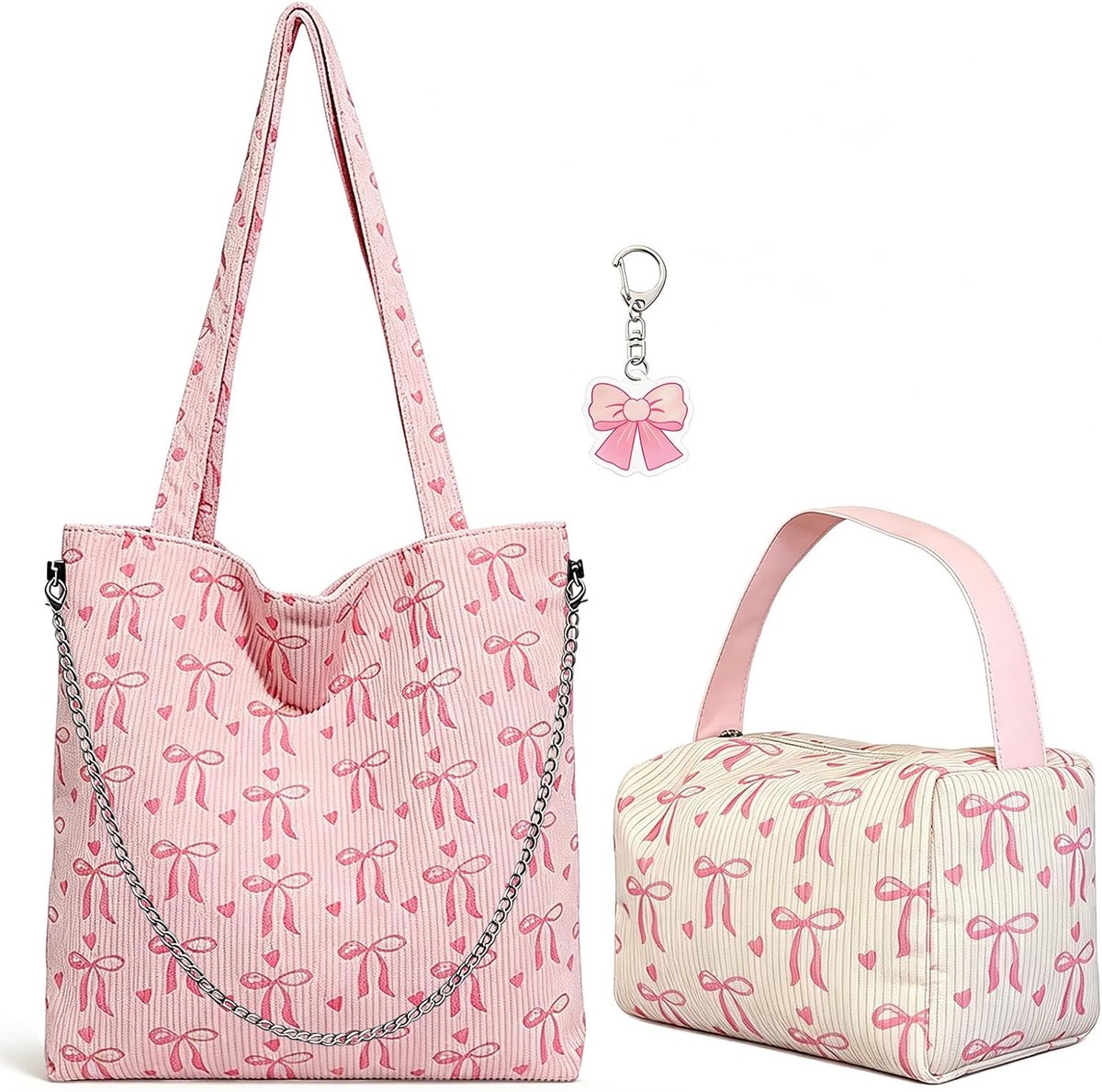 Handtas corduroy roze met strikpatroon - 3-delige set incl. make-uptas, gouden ketting & sleutelhanger - lichtgewicht schoudertas voor A4 - schoudertas voor werk, universiteit, avond, dagelijks