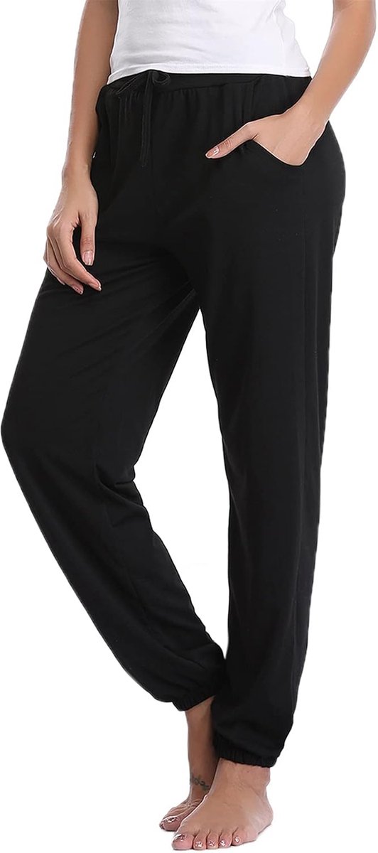 Pyjamabroek voor dames, katoen, lange joggingbroek, sportbroek, sweatpants, vrijetijdsbroek, huispak, nachtkleding, zwart, XXL
