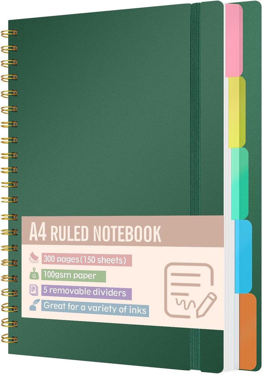 A4, gelinieerd, met 5 tabbladen, 300 pagina's, 100 g/m² dik papier, hardcover, spiraalnotitieboek, register, notebook voor kantoor, school, universiteit, planning en notities