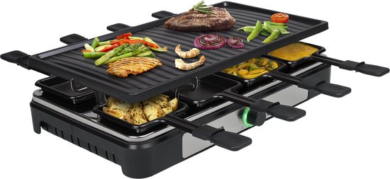 Zwarte raclettegrill met grillplaat, 8 pannetjes, met vlees, garnalen, groenten en aardappelen.