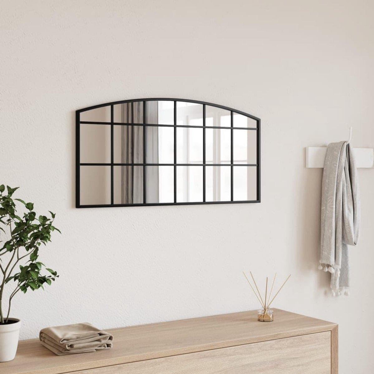 Wandspiegel, zwart, 80 x 40 cm, gebogen, wandmontage spiegel met gepoedercoat frame van glas, heldere spiegel voor slaapkamer, hal, woonkamer, badkamer