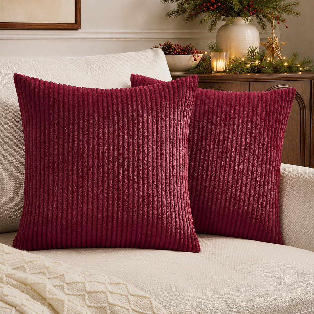 Famanu Kussensloop, 50 x 50 cm, set van 2 stuks, Kerstmis, bordeauxrood, corduroy, gestreept patroon, kussenhoes, sierkussen, bankkussen, sierkussen
