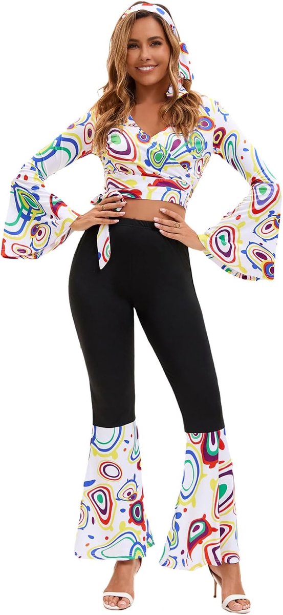 Hippiekostuum voor dames, hippiekleding, broek voor carnaval, discoparty, Halloween, carnaval, discooutfit