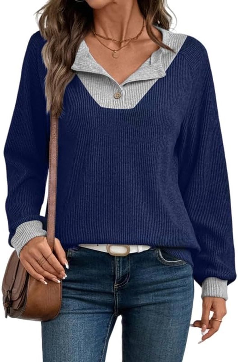 Sweatshirt dames zonder capuchon vintage tweekleurig casual V-hals pullover lange mouwen elegante sweatshirts met knopen herfst winter trui basic zacht T-shirt voor elke dag