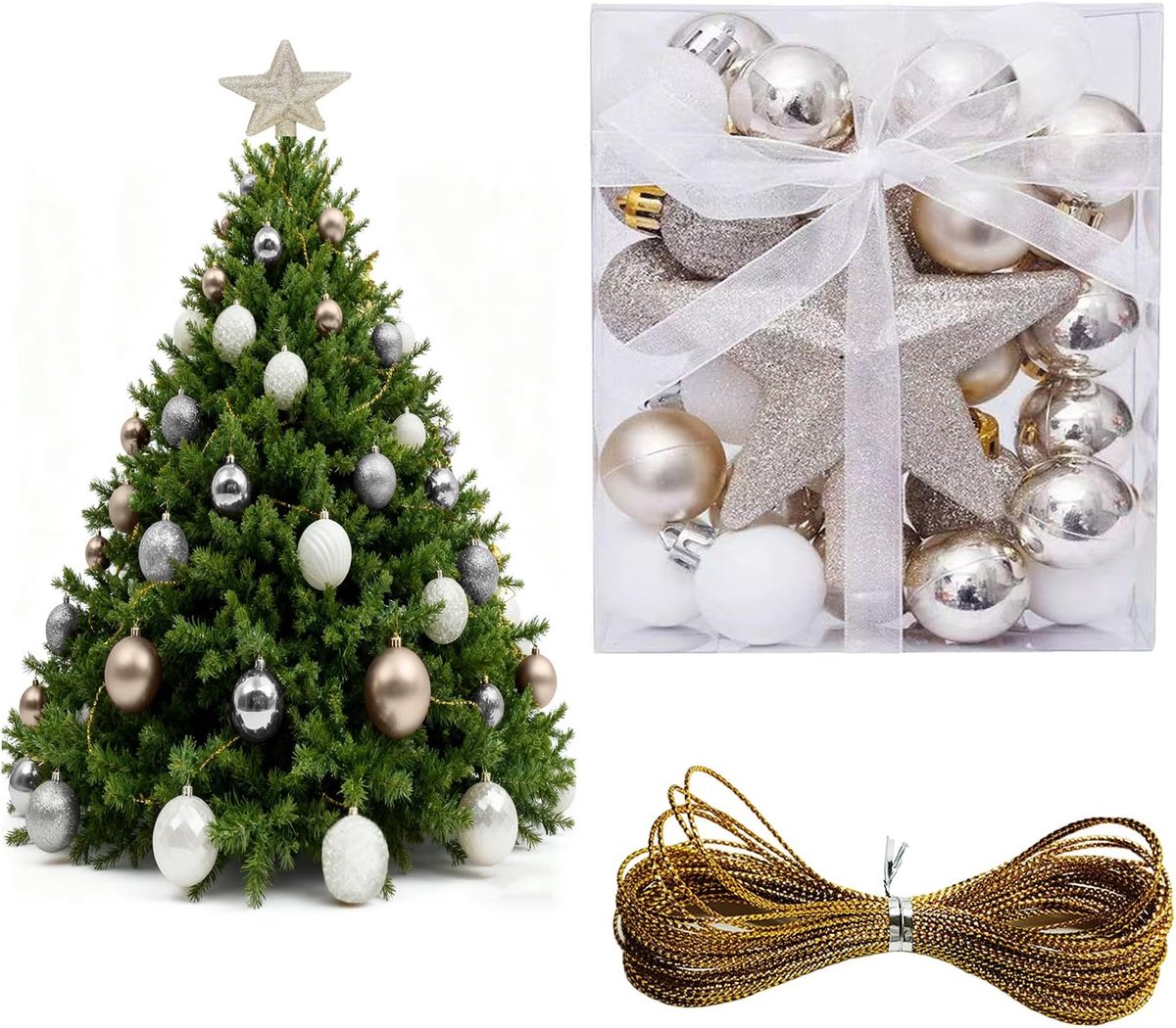 Kerstballen, 30 stuks, prachtige kerstballen, kerstboomversiering, voor kerstdecoraties in winkelcentra, restaurants en kantoren (goud, wit)