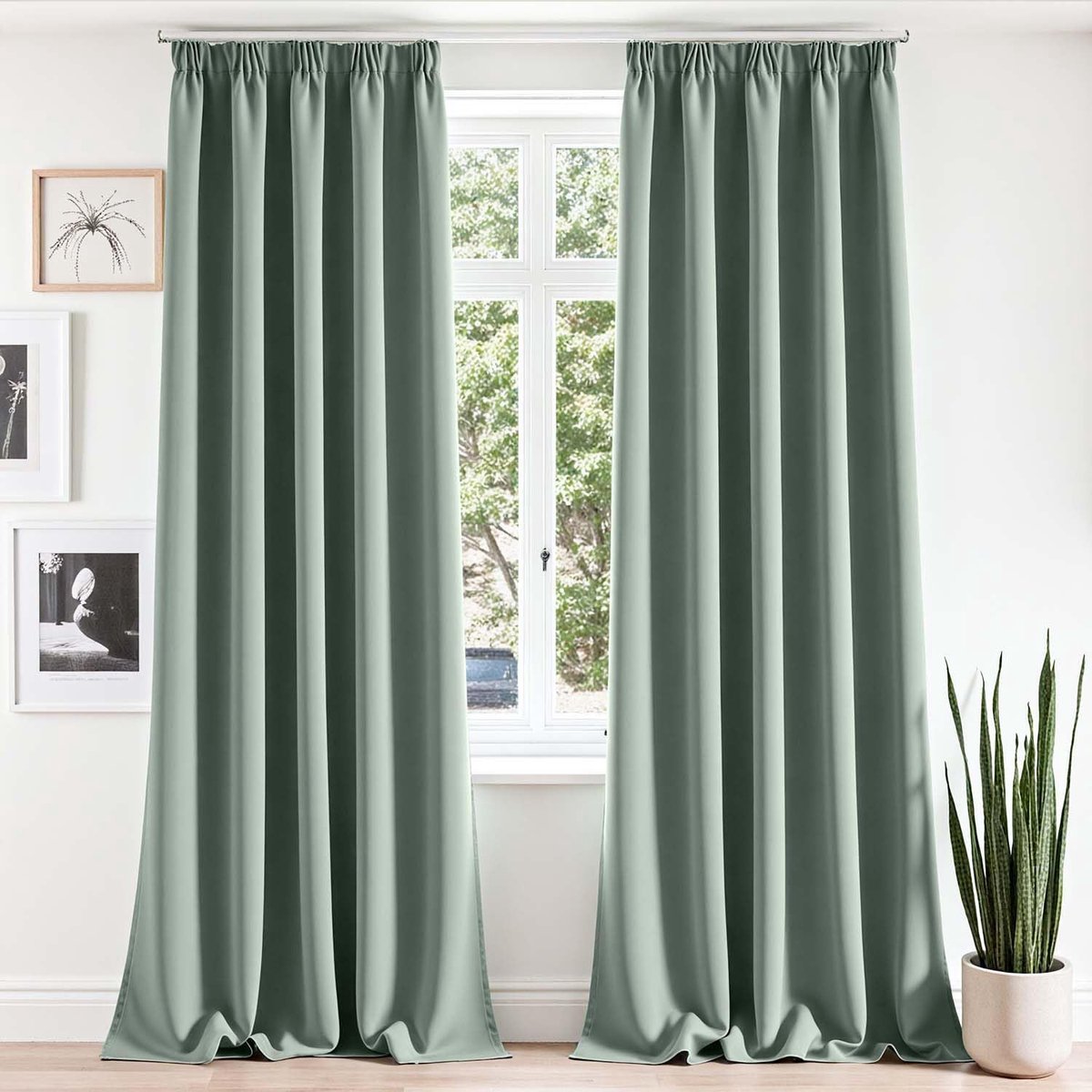 Gordijnen met plooiband, gordijn, ondoorzichtig, saliegroen, 245 x 140 cm (h x b), set van 2 voor woonkamer, slaapkamer, moderne thermische gordijnen, railsysteem, ondoorzichtig, voor