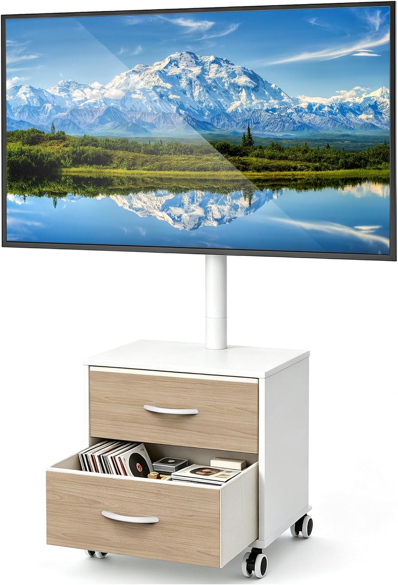 5Rcom Tv-standaard wit op wielen voor 32-60 inch LED LCD OLED Plasma TV kast plat gebogen in hoogte verstelbaar met houder tot 40 kg mobiele TV beugel met laden max VESA 400