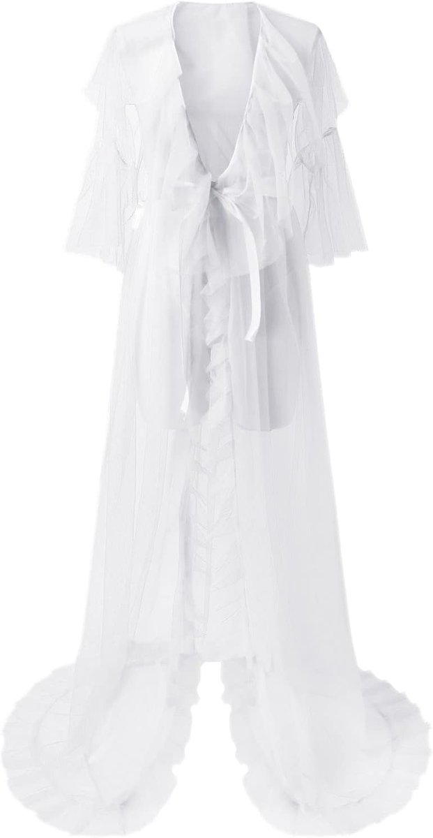 Tule badjas voor dames, lange snit, nachtjurk, bruidsjurk, transparante lingerie, vrouwelijke badjas, elegante huiskleding, kanten versiering, zachte stofkwaliteit — afbeelding 2