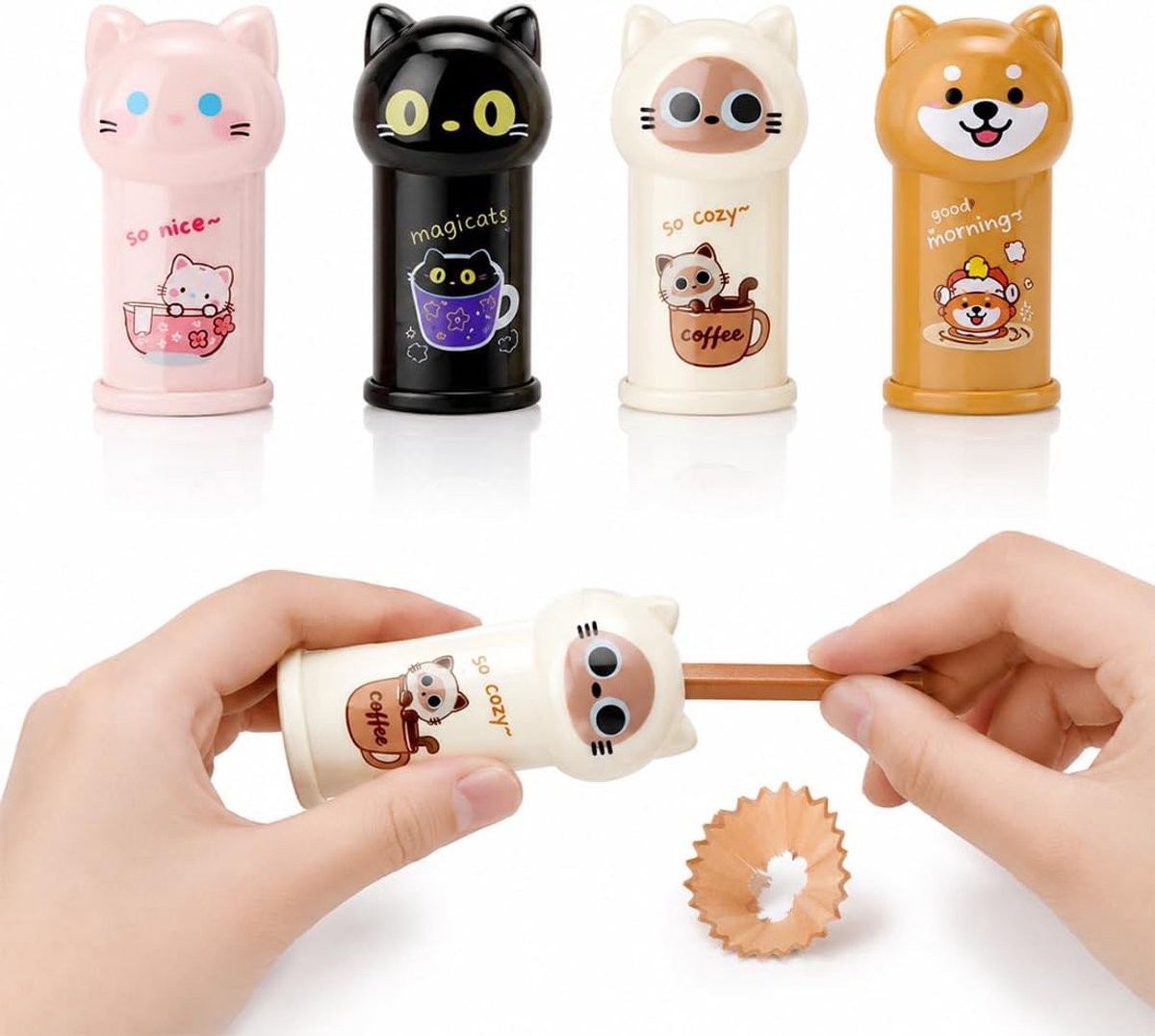 Puntenslijpers met schattig kattenmotief, voor standaard potloden, met spaantank, perfect voor kinderen, studenten, school en kantoor, ideaal als cadeau