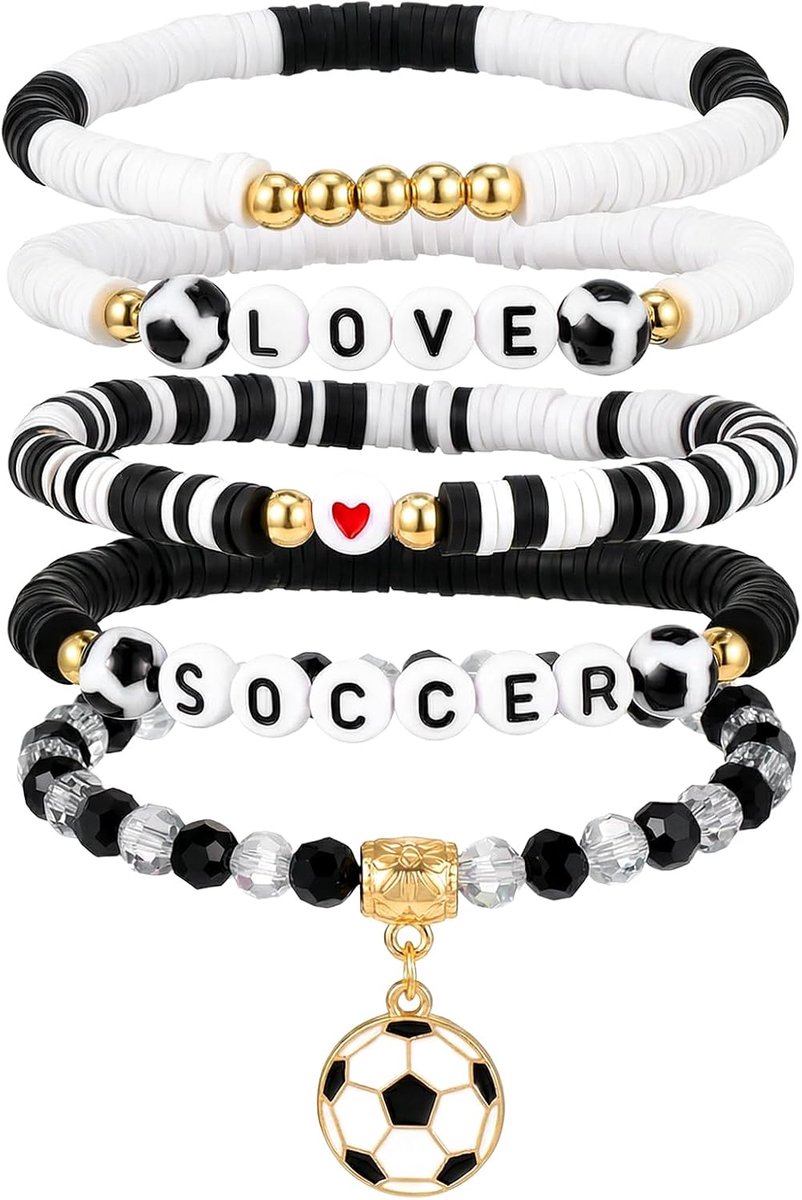 1 Set Voetbal Armbanden, Voetbal Accessoires voor Meisjes, 5 STKS Rekbare Stapelbare Voetbal Armbanden Team Game Dag Accessoires voor Coaches Fans Geschenken Sport Party Gunsten