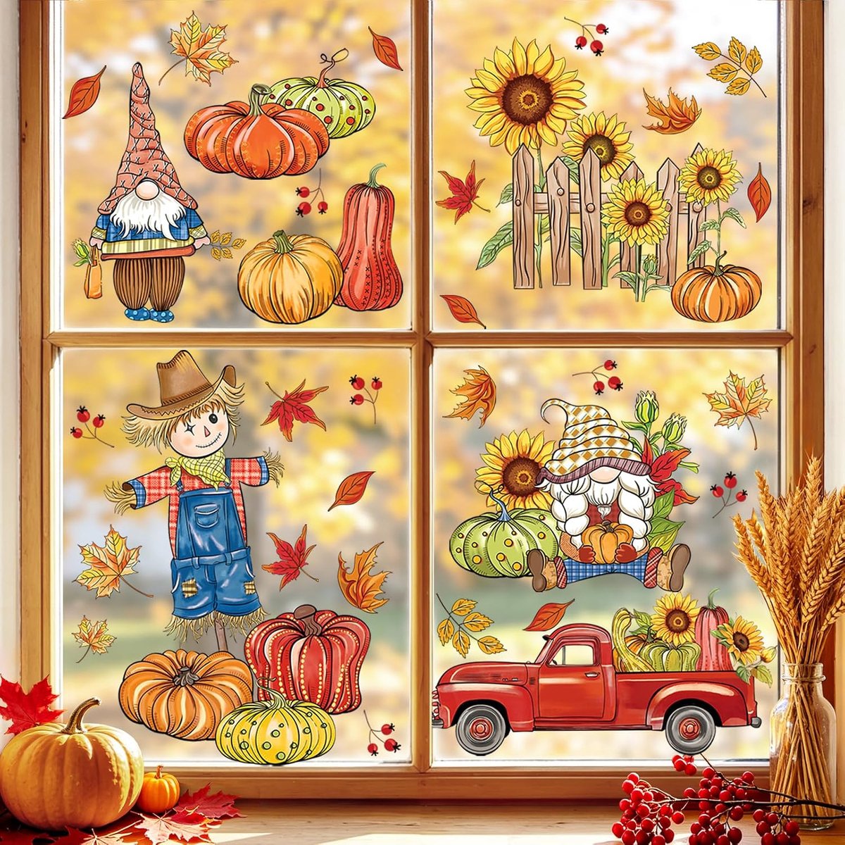Raamstickers, esdoornbladeren, vogelverschrikker, pompoen, zonnebloemen, raamsticker, anti-botsing, oogstfeest, muursticker voor thuis, raam, herfstdecoratie
